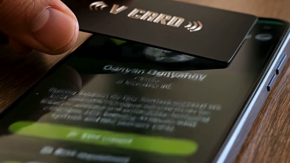Метална NFC визитка, докосната към телефон