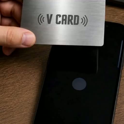Метална V CARD NFC карта, докосната към телефон